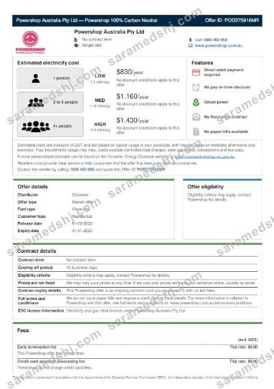 AUSTRALIA POWERSHOP utility bill Word and PDF template